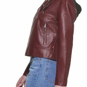 Levi's Ladies' Faux Leather Moto Hooded Jacket - red, Large
